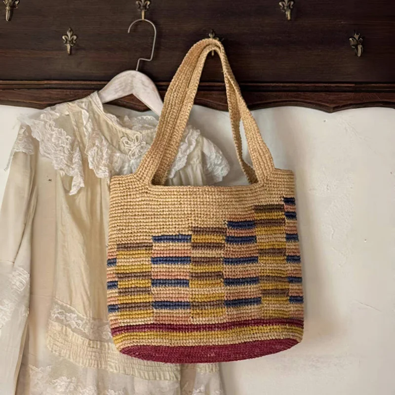 

Brand Color Matching Straw Bag, Summer Vacation Beach Bag, Rainbow Raffia Woven Bag Shoulder Bag Hand-crocheted Female Handbags