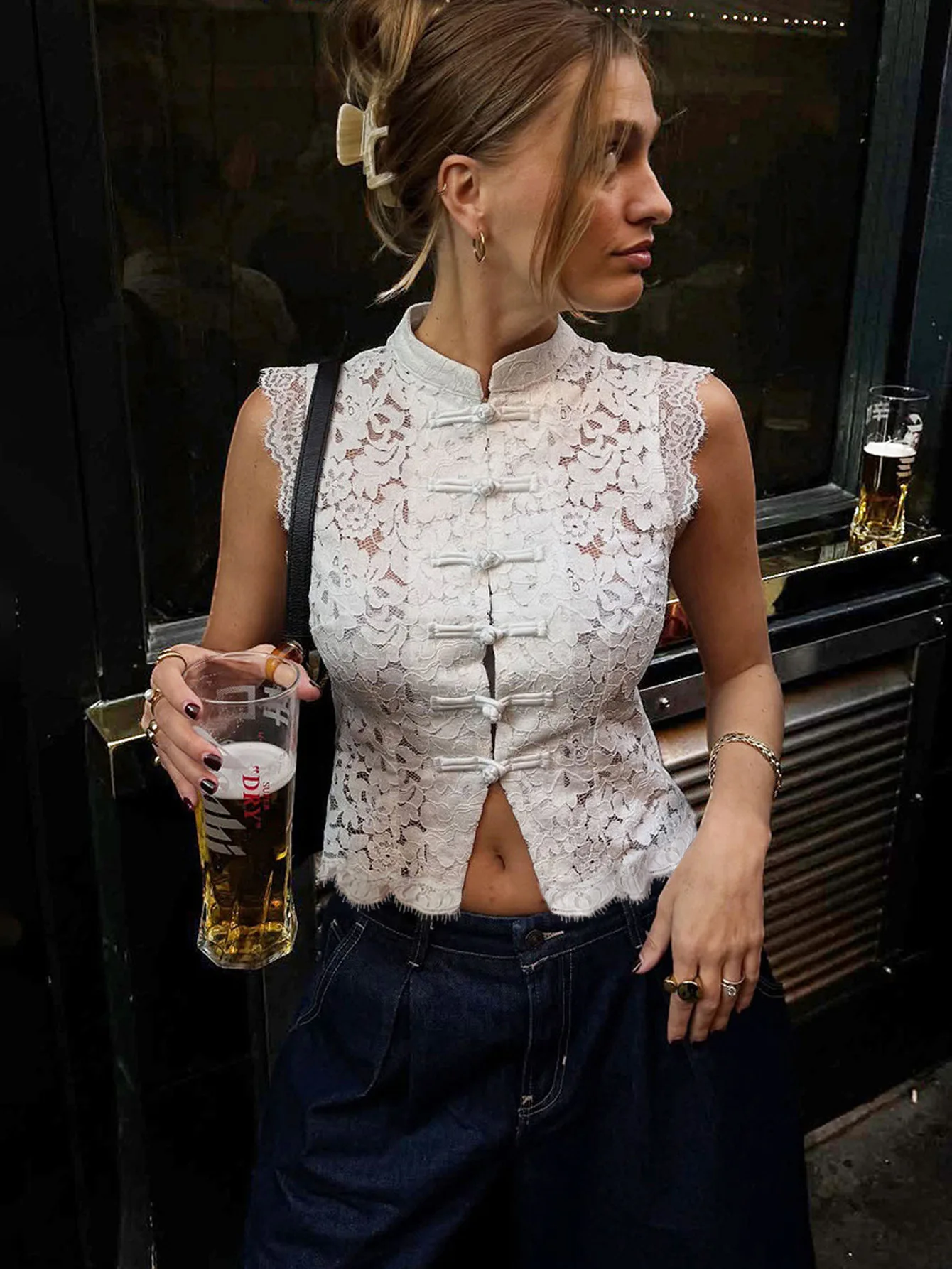 Sexy Front Hollow Out Tank Top Women's Floral Lace Button Mandarin Collar Crop Top Summer Sleeveless Shirt Elegant Vintage Vest