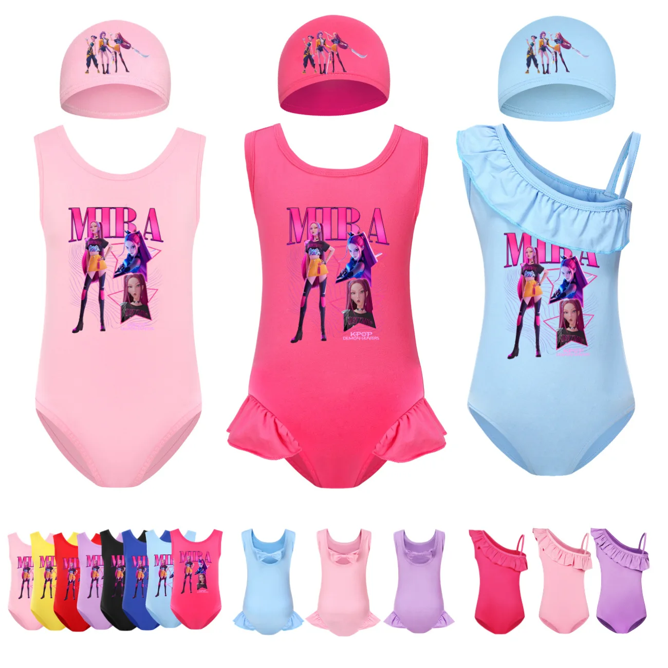 

KPop Demon Hunters Mira Swimwear Kids One Piece BeachWear with Cap 2pcs Sets Girls Swimsuit Children Summer Sleeveless Swimming