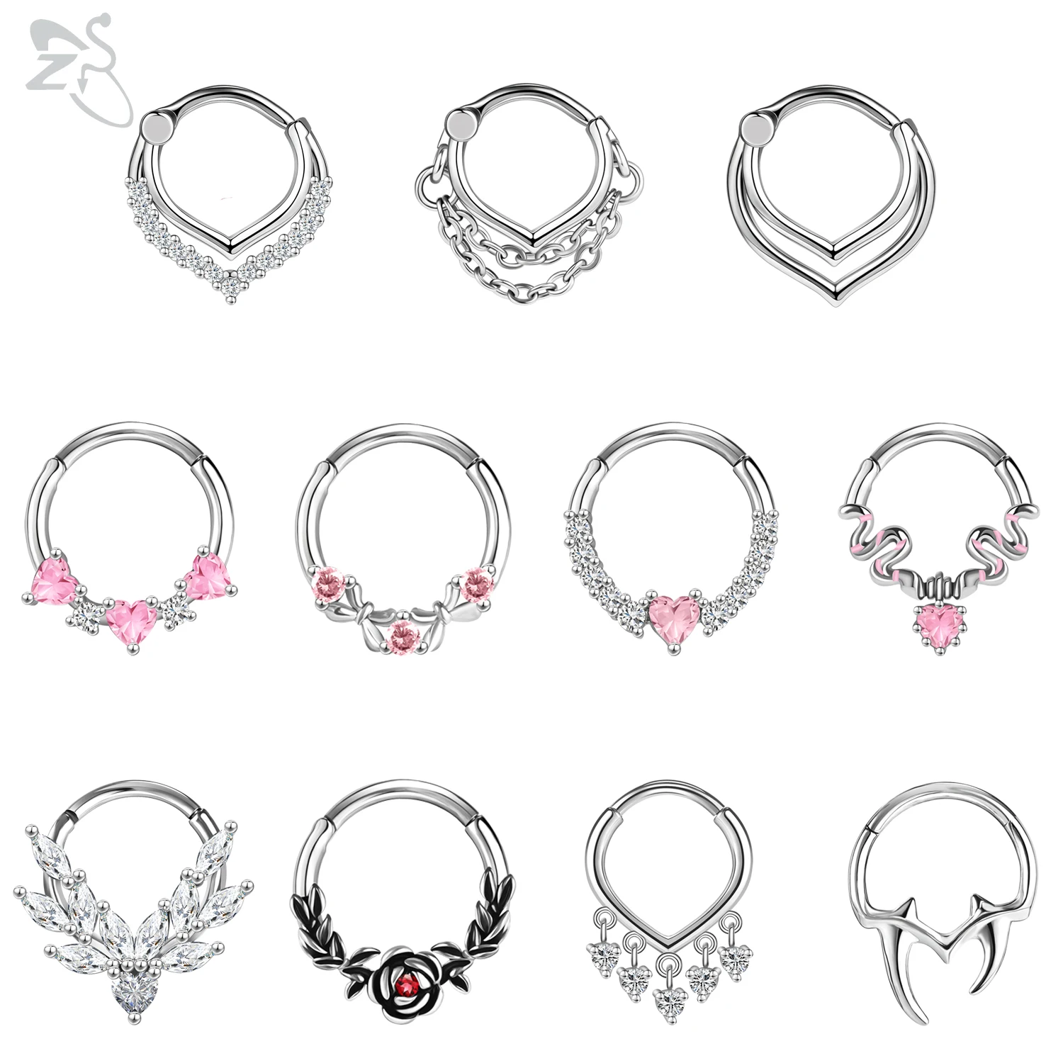 ZS 1PC 16G Pierścionek na nos w kształcie serca Piercing przegrody ze stali nierdzewnej 316L Kolczyk na chrząstkę w kolorze srebrnym Biżuteria do przekłuwania tragus