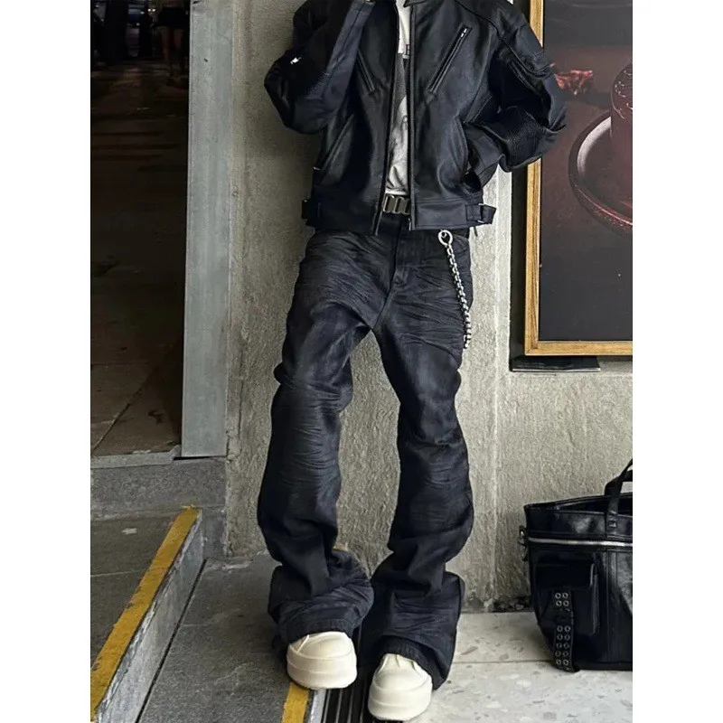 

American High Street Sle Men's Skinny Jeans Bla Wax Coating Flared Legs Autumn Winter Trendy Brand Brued Wax Long Pants