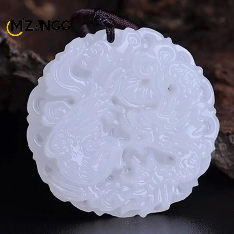 Chinese White Jade Dragon and Phoenix Jade Pendant Double-sided Hollow Carved Couple Necklace Lucky Amulet Gift for Men Women