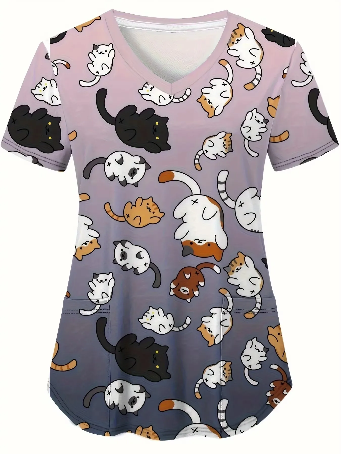 Uniforme médico con estampado de gato y perro para mujer, uniforme clínico con cuello en V, Tops de bolsillo de parche de manga corta, uniformes