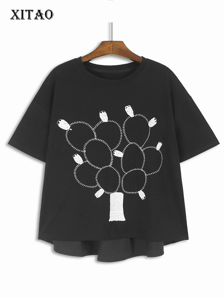 

XITAO Embroidered Balloon Round Neck T-shirt Short Sleeved Loose Casual All Match Fashion Summer Women New Top LYD1819