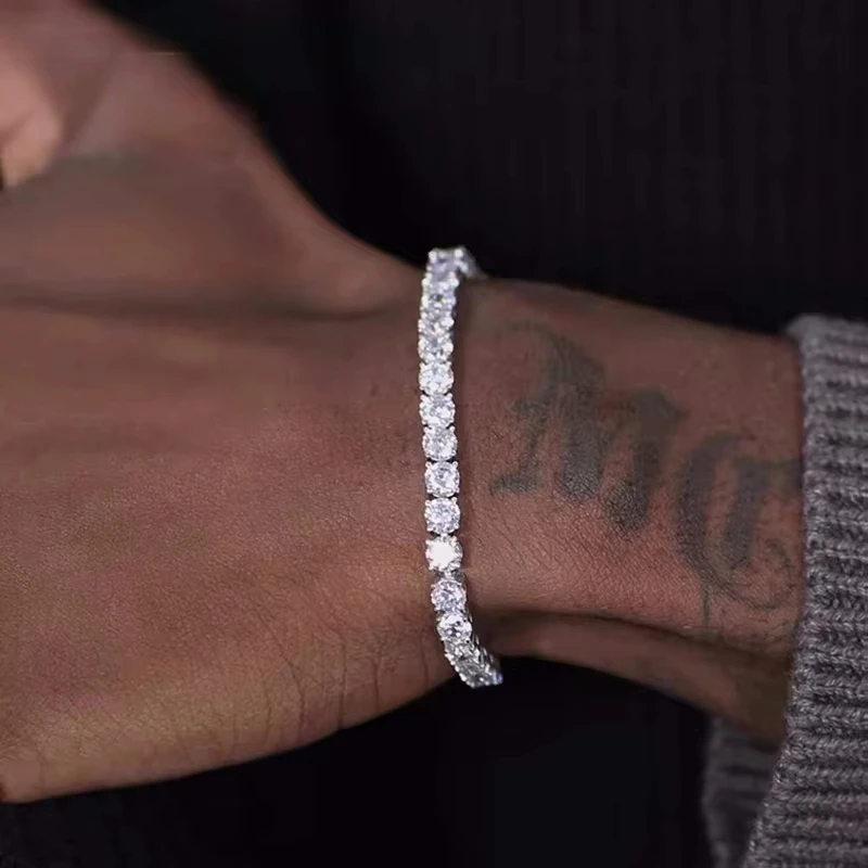 Pulseira de prata esterlina 925 com zircônia cúbica de 2/4 mm, para mulheres e homens, com corrente de cristal para usar no pulso, joia de estilo hip-hop e streetwear.
