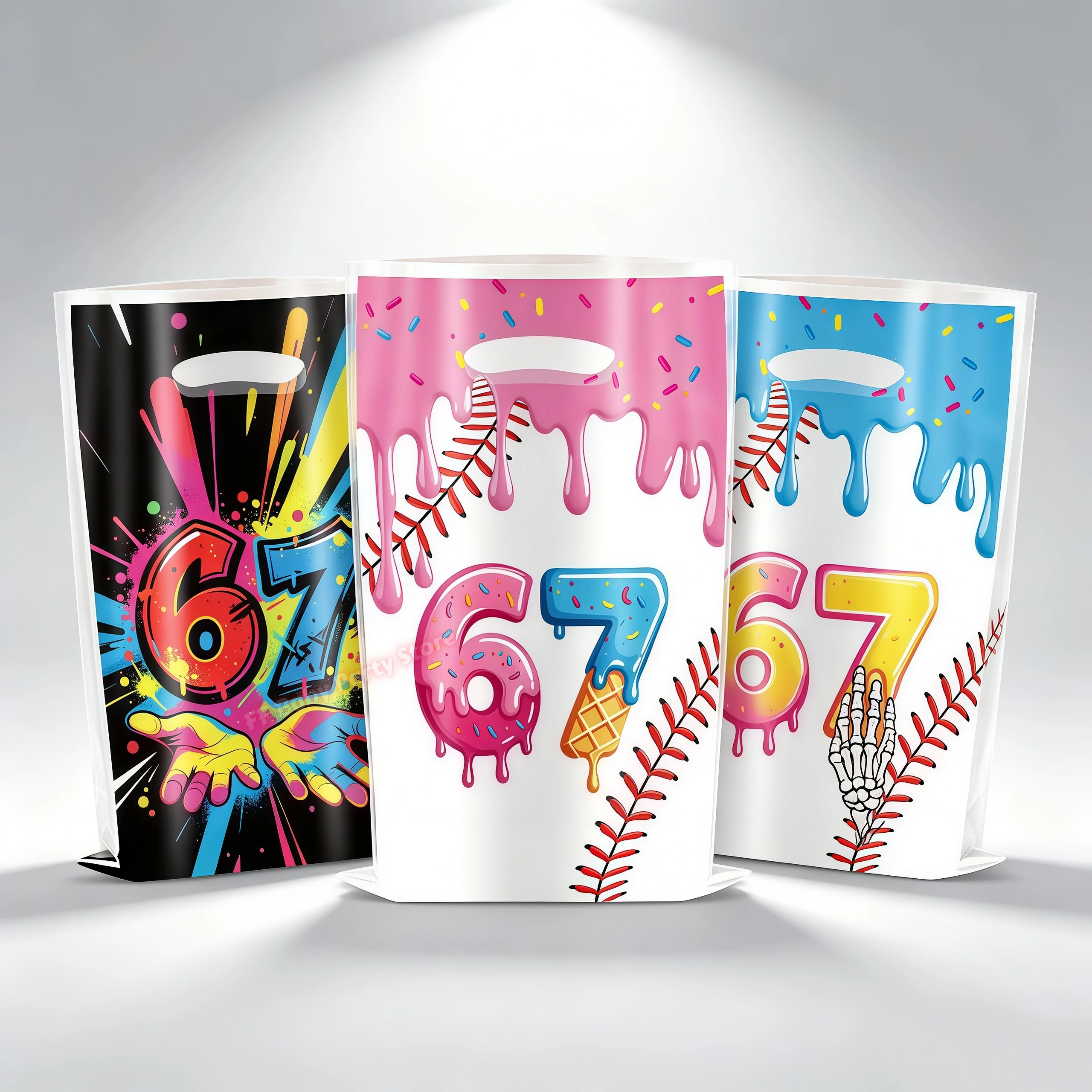 Sac cadeau à thème 67, sac d'emballage coloré à motifs graffiti et éclaboussures de peinture, sac à friandises 67 Meme pour les fournitures de fête d'anniversaire et de vacances, et les cadeaux invités