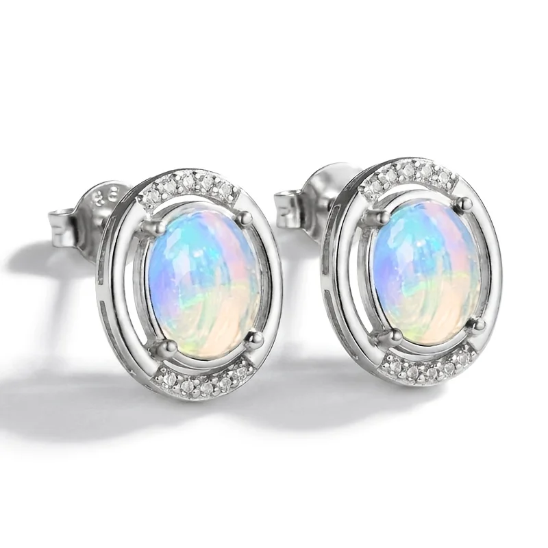 1pair 57mm Natural Opal S925 Sterling Silver Stud Earrings | Iridescence | Y2K | Christmas, Black Friday, Halloween Gifts 163