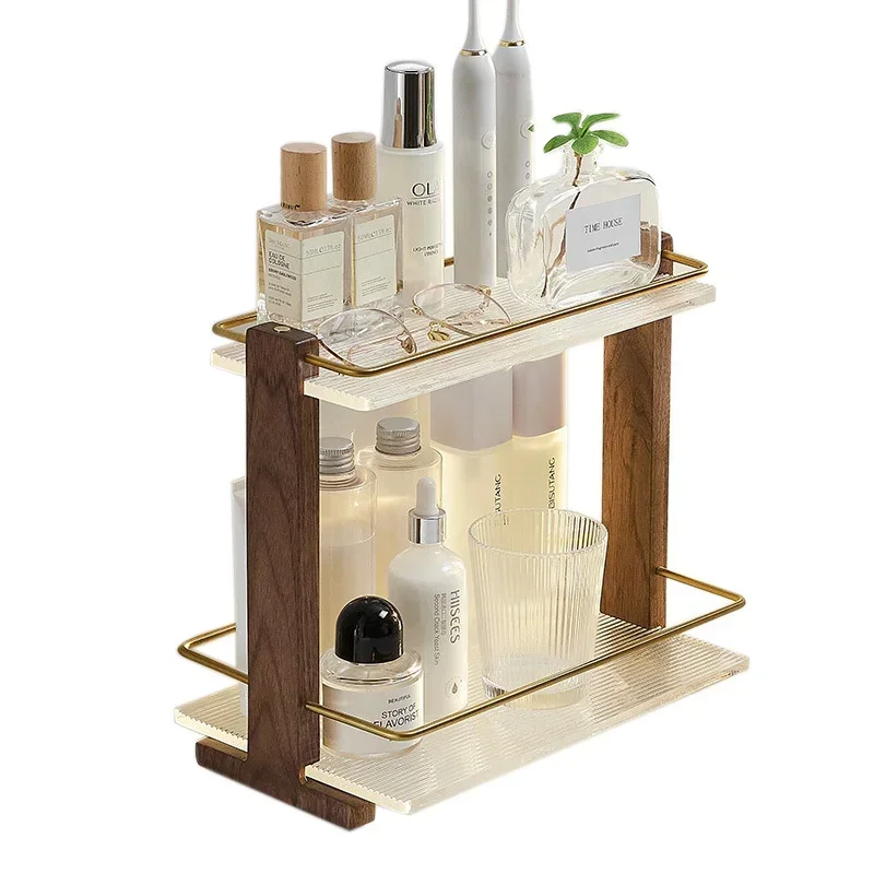 

Solid Wood Shelf In the Bathroom No Punching Double Layer Storage Rack In the Bathroom Wash and Gargle Cosmetics Storage Rack