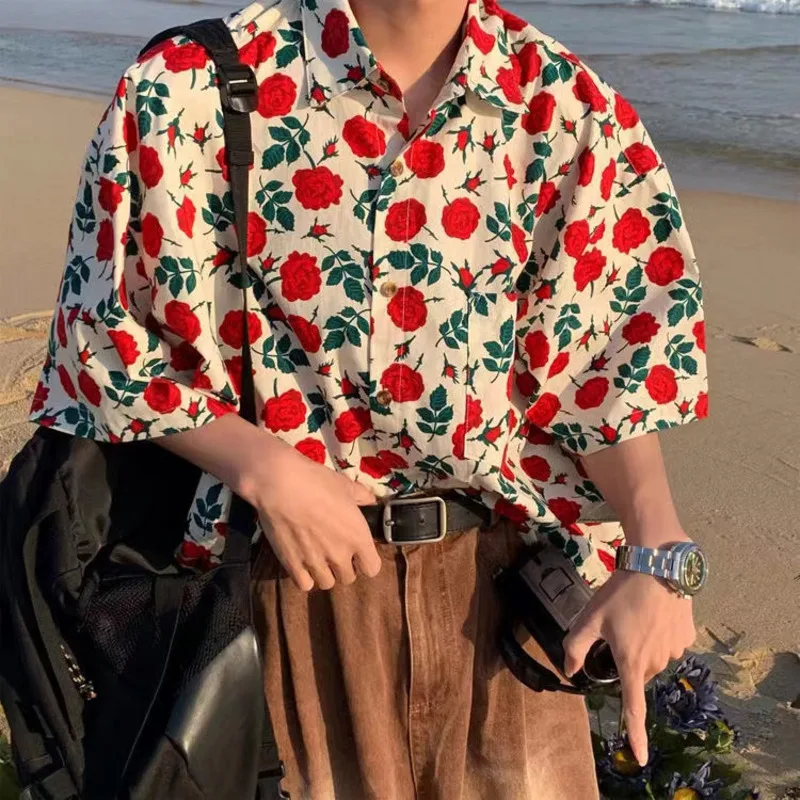 Summer Beach Shirt Male Floral Rose Printed Short-sleeved Casual Blouse Korean Trend Lovers Matching Button Up Shirt Tops