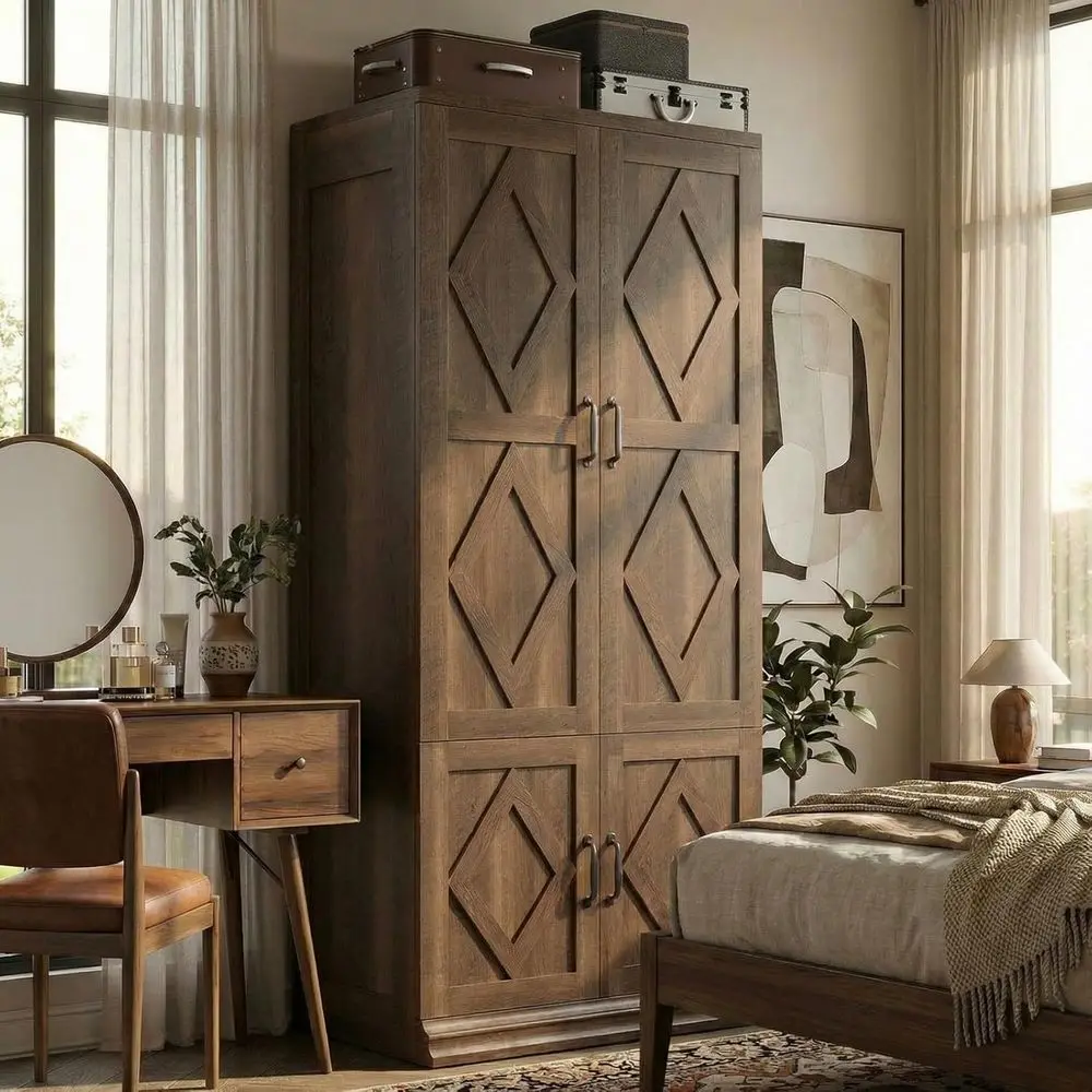 71 Tall Wooden Wardrobe Closet with 5 Shelves, 4 Doors, Hanging Rod, and Storage Cabinet for Bedroom