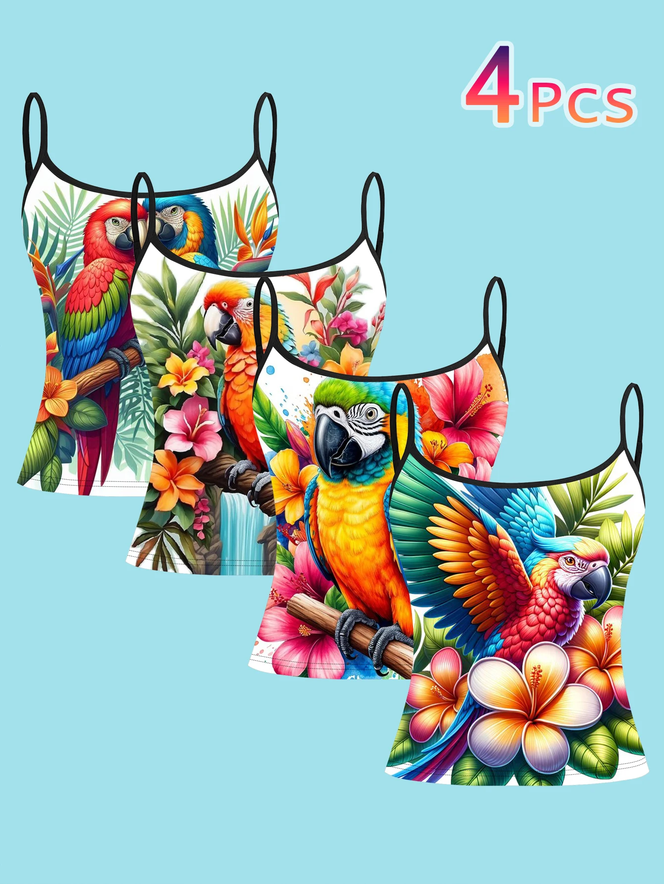 4-Piece Summer Rainforest Parrot-Themed Suspender Set with Plumeria and Colorful Bird Patterns, Slim-Fit Inner Tank Top for Women