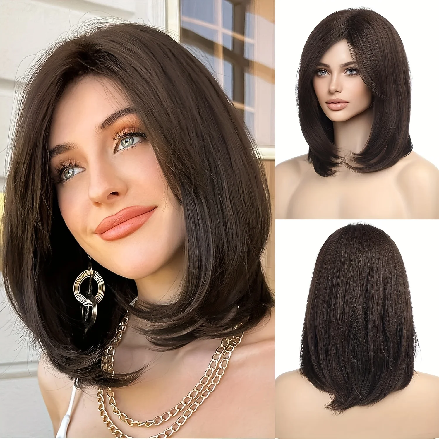 Synthetic Length Bob Wigs for Women Side Parting Suitable for party use Dark Brown Shoulder