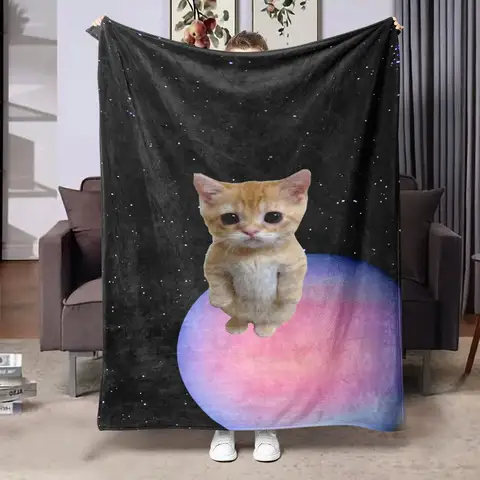Accogliente coperta con stampa cielo notturno stellato e simpatico gattino - Poliestere morbido, copertura comfort per tutte le stagioni per divano, tappetino da viaggio e pisolino, leggero