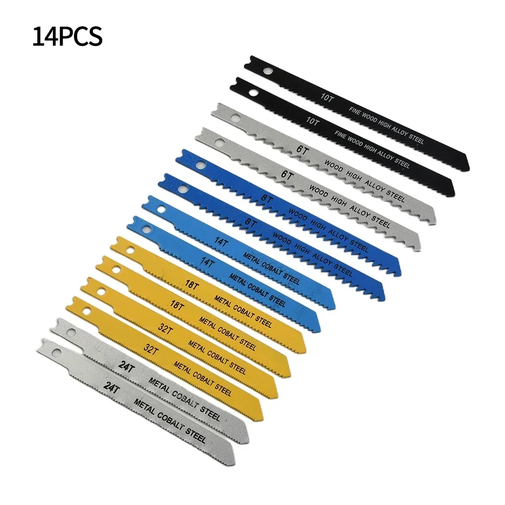 assorted jig saw blades grupo u shank madeira plastico aluminio folha metais ferramentas manuais 14 pcs 01