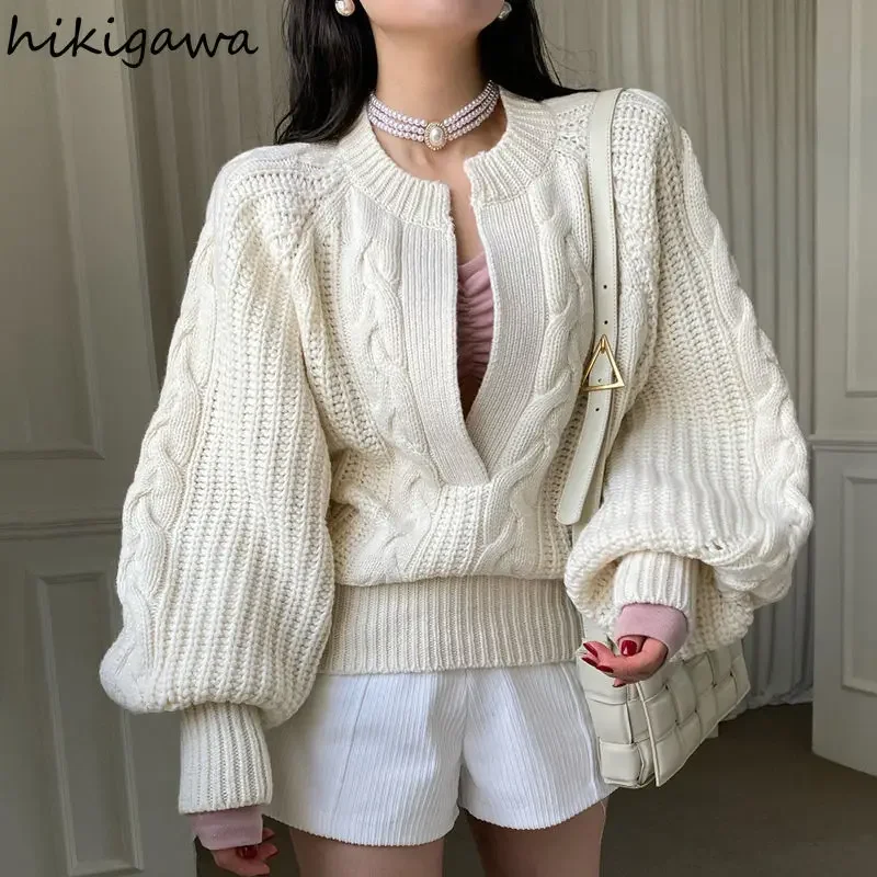 Korean Fashion Pullovers Tops Women\'s Clothing Sueter De Mujer V-neck Lantern Sleeve Knitted Sweater Loose Casual Pull Femme