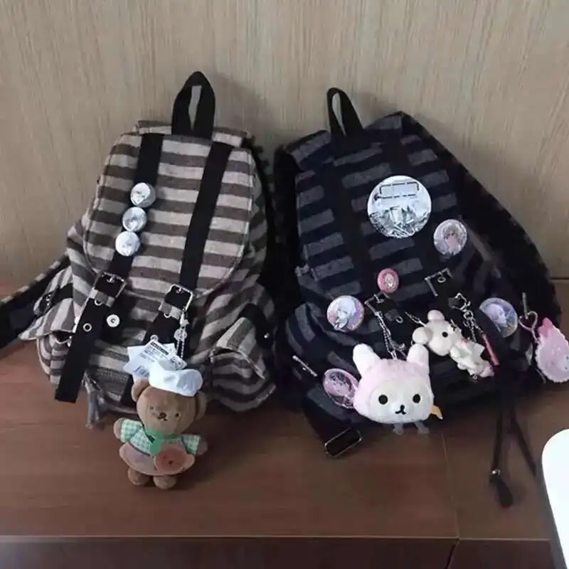 

2024 New Striped Korean Casual Backpacks Drawstring Y2k College Student Bags Large Capacity Versatile Backpacks Women's Bags