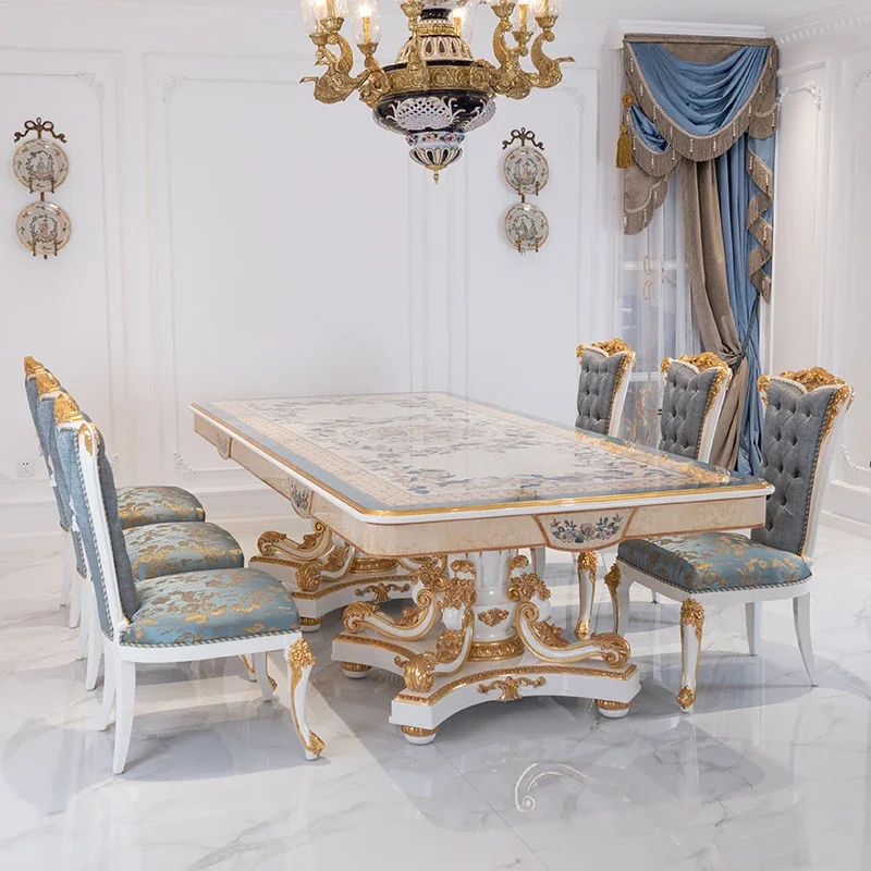 

Luxurious French living room 2.8m romantic wooden shell mosaic dining table combination