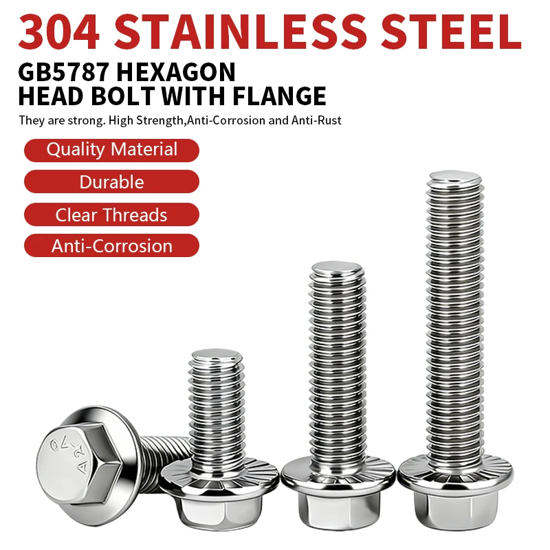GB5787 Hexagon Flange Bolt Serrated 304 Stainless Steel A2-70 Anti-Loose Corrosion Resistant Hardware Fasteners M5 M6 M8 M10 M12