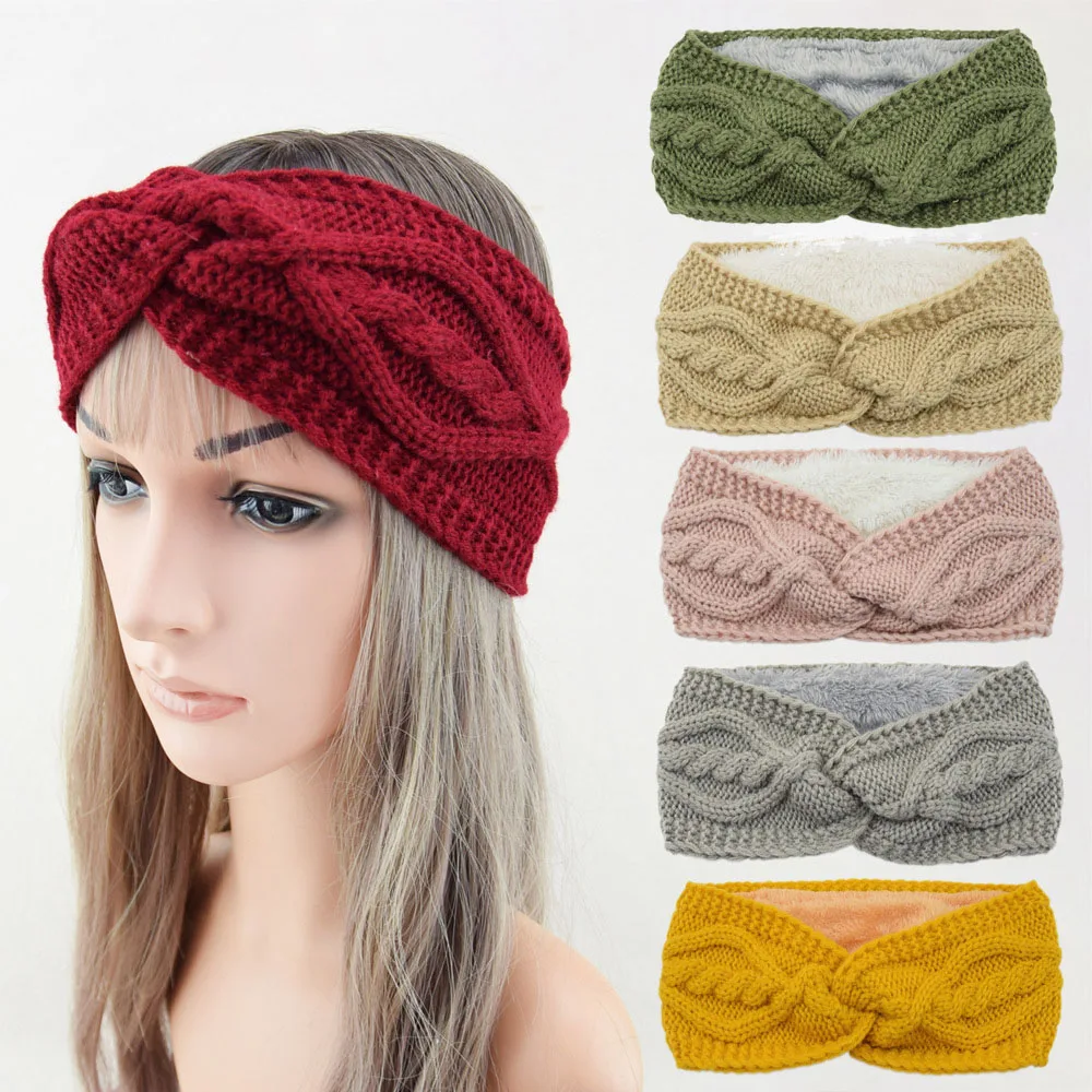 

Elegant Warm Plush Diamond Grid Headband Women Wide Cross Knot Hairbands Winter Ear Warmers Head Cover Makeup Sports Headband