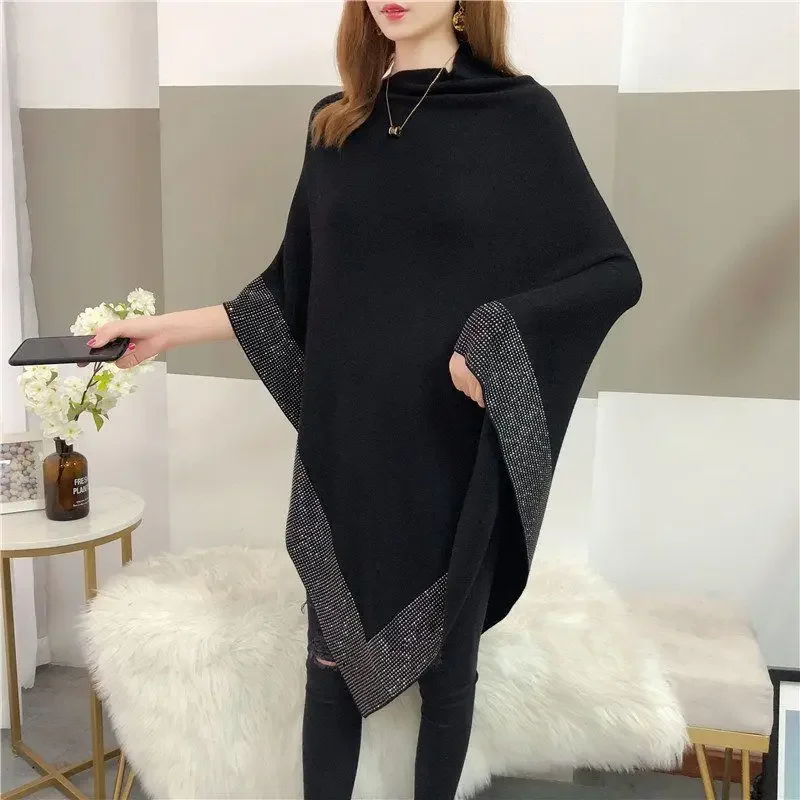 New Autumn Fashion Winter Diamonds Knit Shawl Cloak Loose Plus Size Solid Woman Poncho Cape Pullover Sweater Black Capes Cloaks