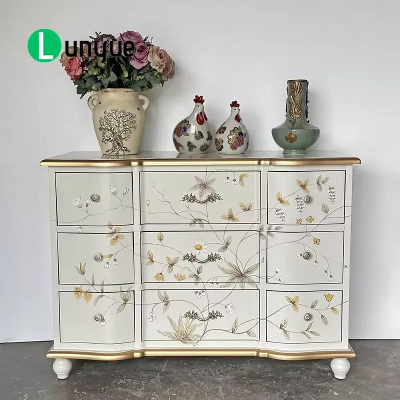 French Style 9 Drawer Entryway Cabinet American Paint Finish Storage Locker Customizable Furniture for Hallway Living Room