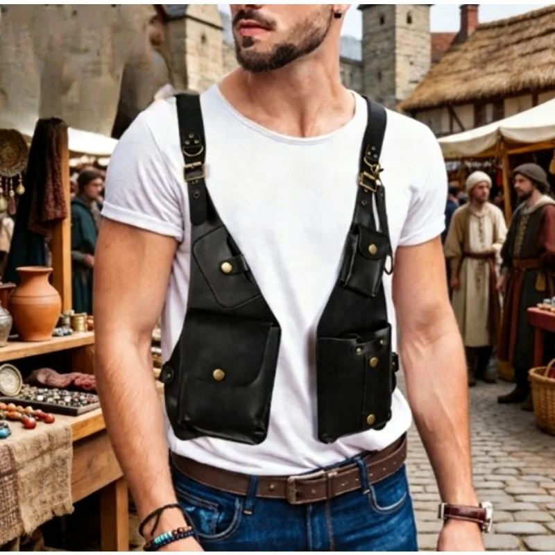 Motorcycle Style Leather Chest Bag with Adjustable Suspenders Durable Retro Crossbody Shoulder Bag for Daily Travel Hiking