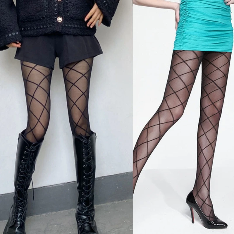 Women Checkered Lace Stockings Black Tights Sheer Patterned Socks Soft Stretchy Pantyhose Cosplay Nightclub Costumes