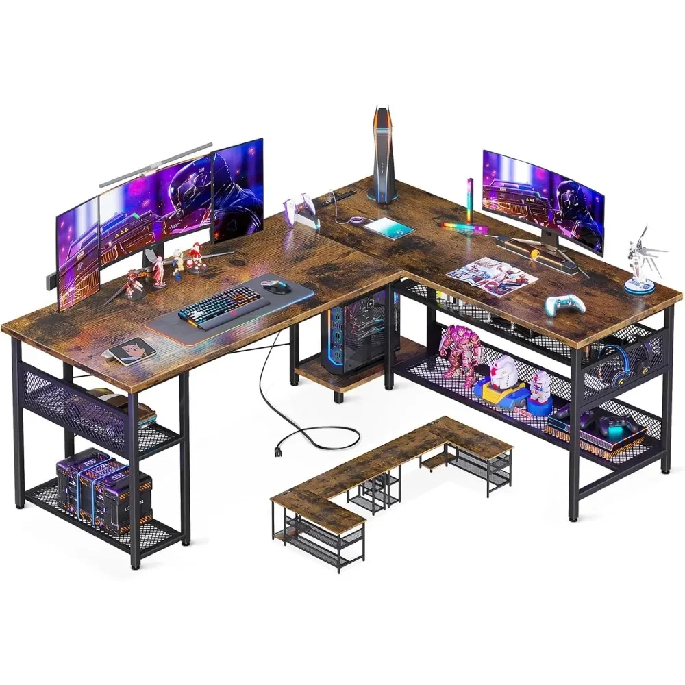 

59" L Shaped Desk with Power Outlet and USB Charging Ports, Reversible L Shaped Computer Desk with Storage Shelves