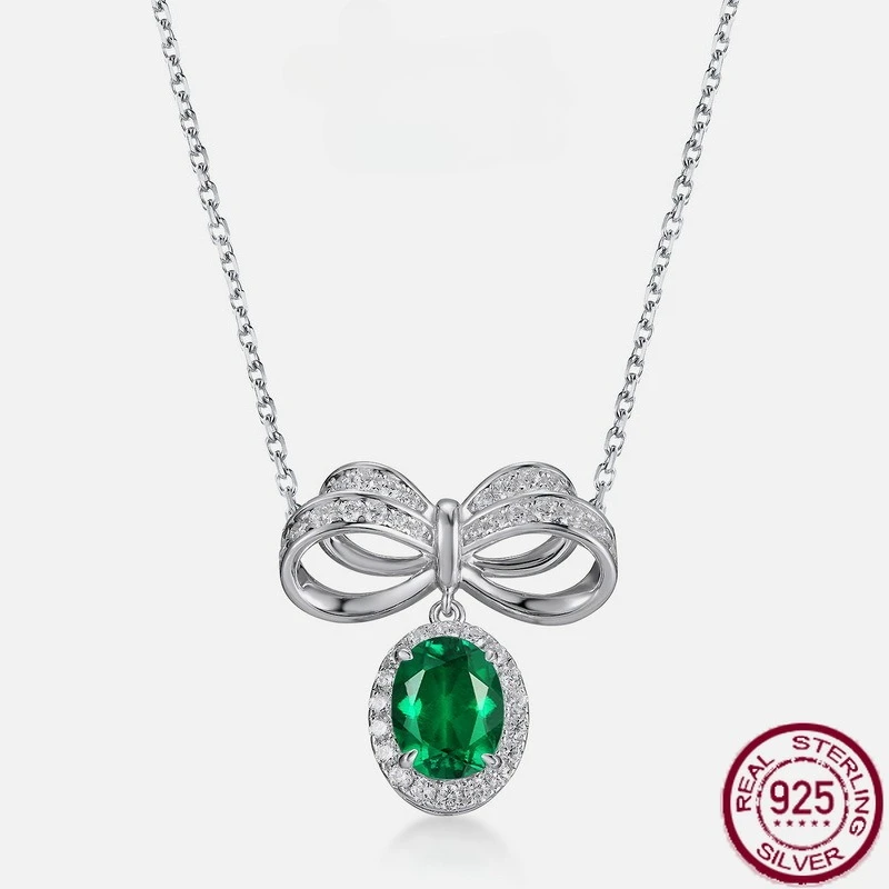 

New S925 pure silver cultivated emerald retro European and American bow collarbone chain light luxury noble wedding jewelry
