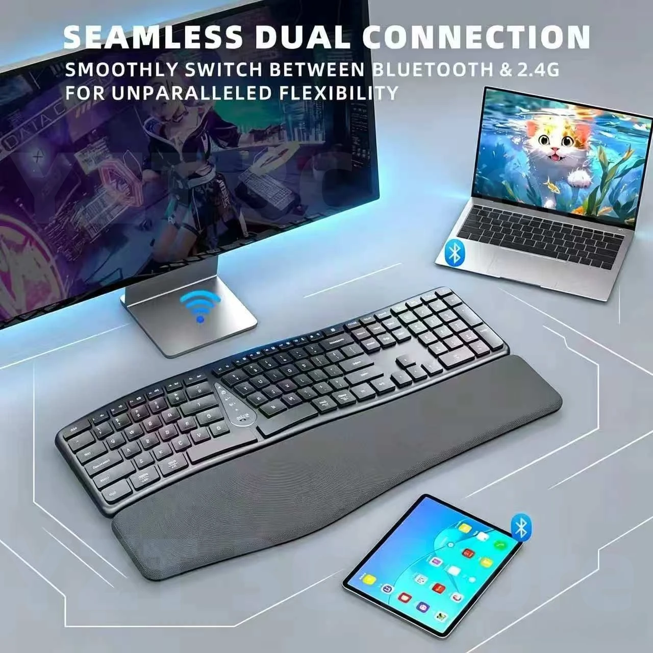Ergonomic Fold Keyboard for Office 2.4G BT Dual Mode Palm Rest Multi-Device Rechargeable 5000mAh Long Endurance for Laptop PC