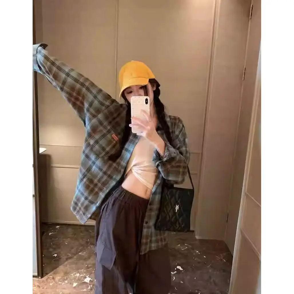 النمط الأمريكي خمر منقوشة قميص المرأة عادية فضفاضة تناسب الشارع ارتداء الراقية طويلة الأكمام الخريف سترة بلايز ملابس عصرية