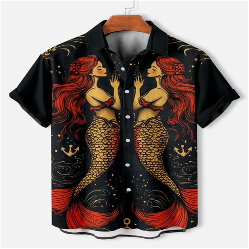 2025 Summer Mermaid Couple 3D Printed Shirt Comfortable Polyester Fiber Hawaii Trendy Men's Short Sleeve Top