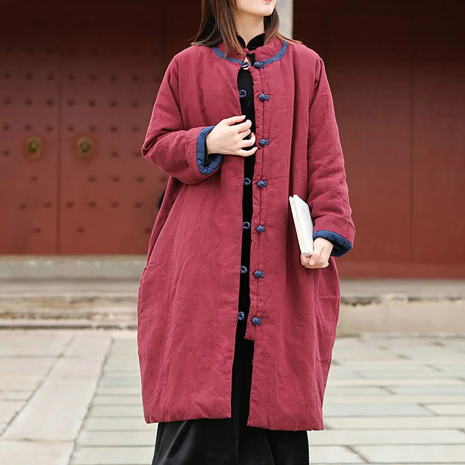 

LZJN Women's Winter Solid-colored Plus-size Warm Cotton-padded Jacket in New Chinese Style, Retro and Zen-inspired Design