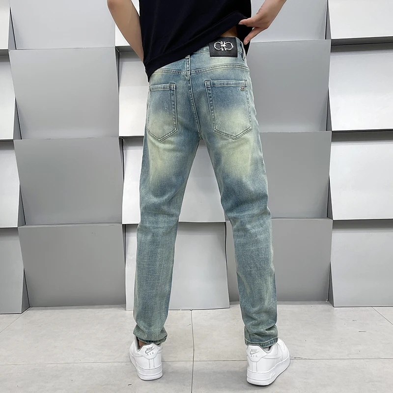 High-end jeans men loose straight trousers spring and summer models versatile casual men's European goods light blue trousers