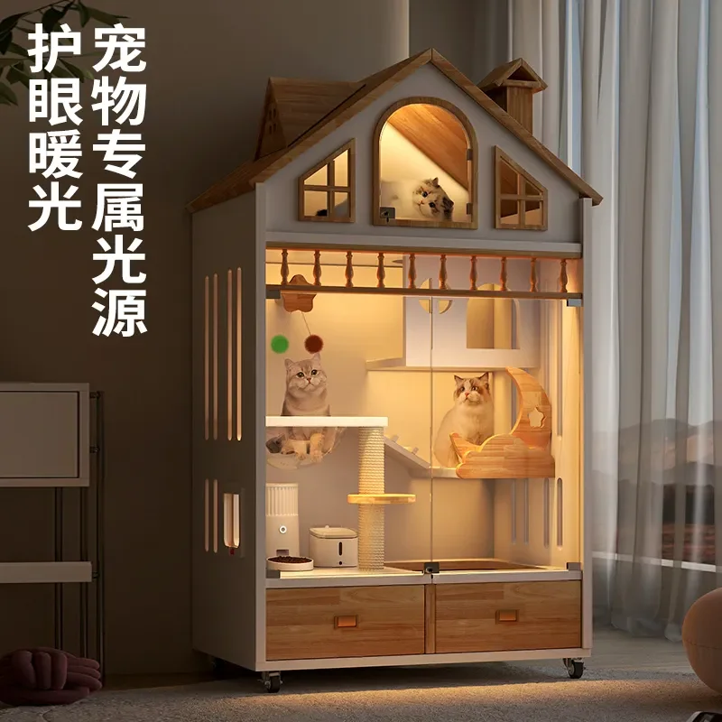 Solid Wood Cat Villa Indoor Cage with Toilet for Small Apartment Senior Cat House Nest