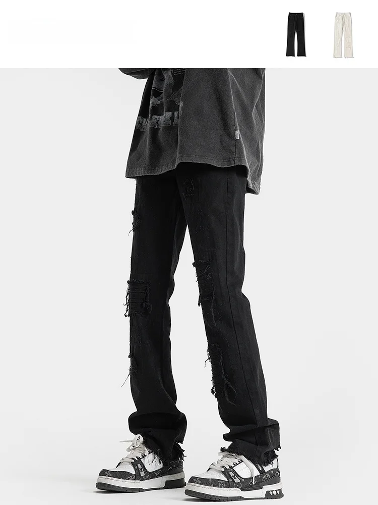 

Slim Straight Jeans Men's Trendy Brand Bell Bot Bla High Street Retro Hole American Sle Youth Casual Long Pants