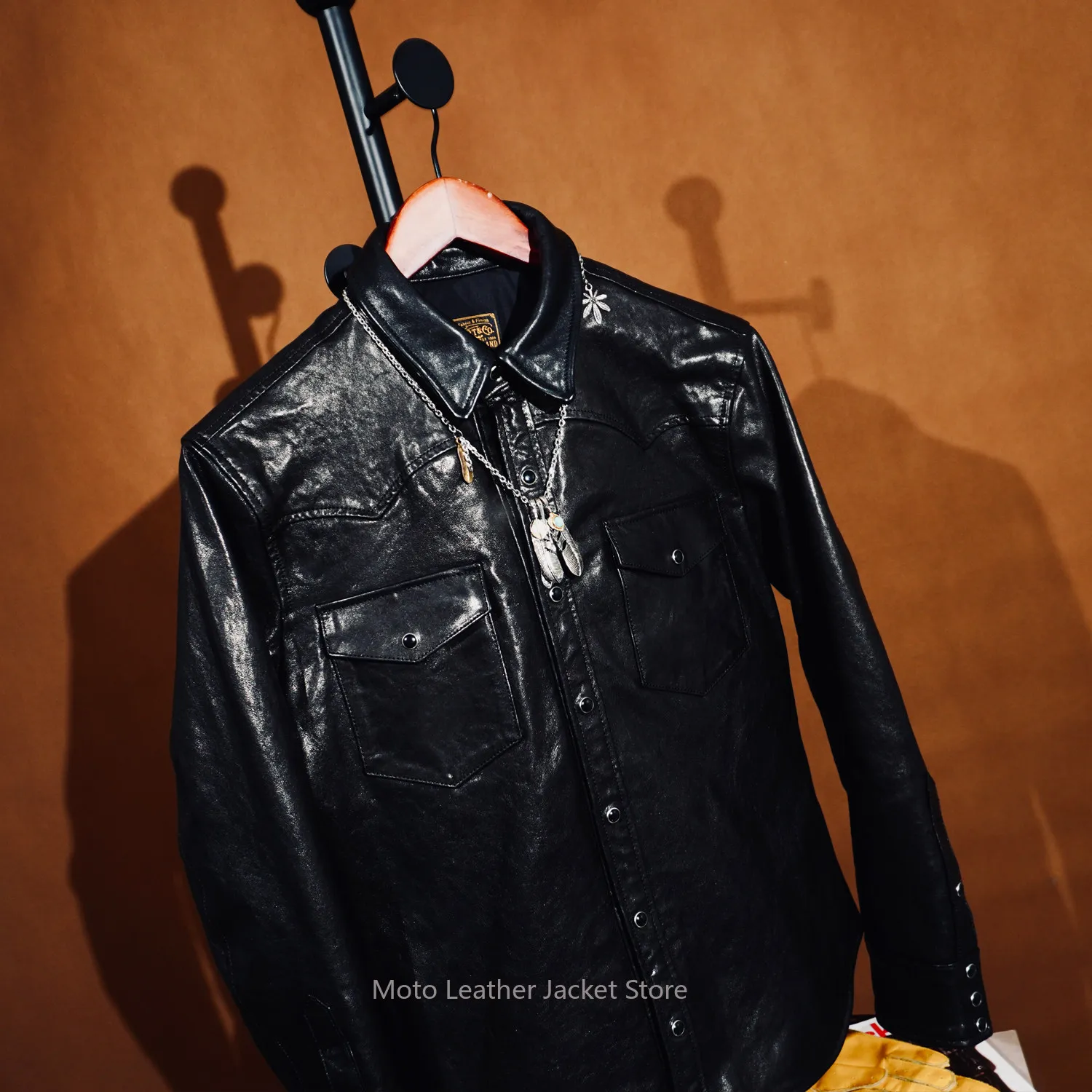 Men Dark Garment Heavy Washed Vegetable Tanned Sheepskin Shirt Slim American Retro Biker Amekaji Genuine Leather Coat