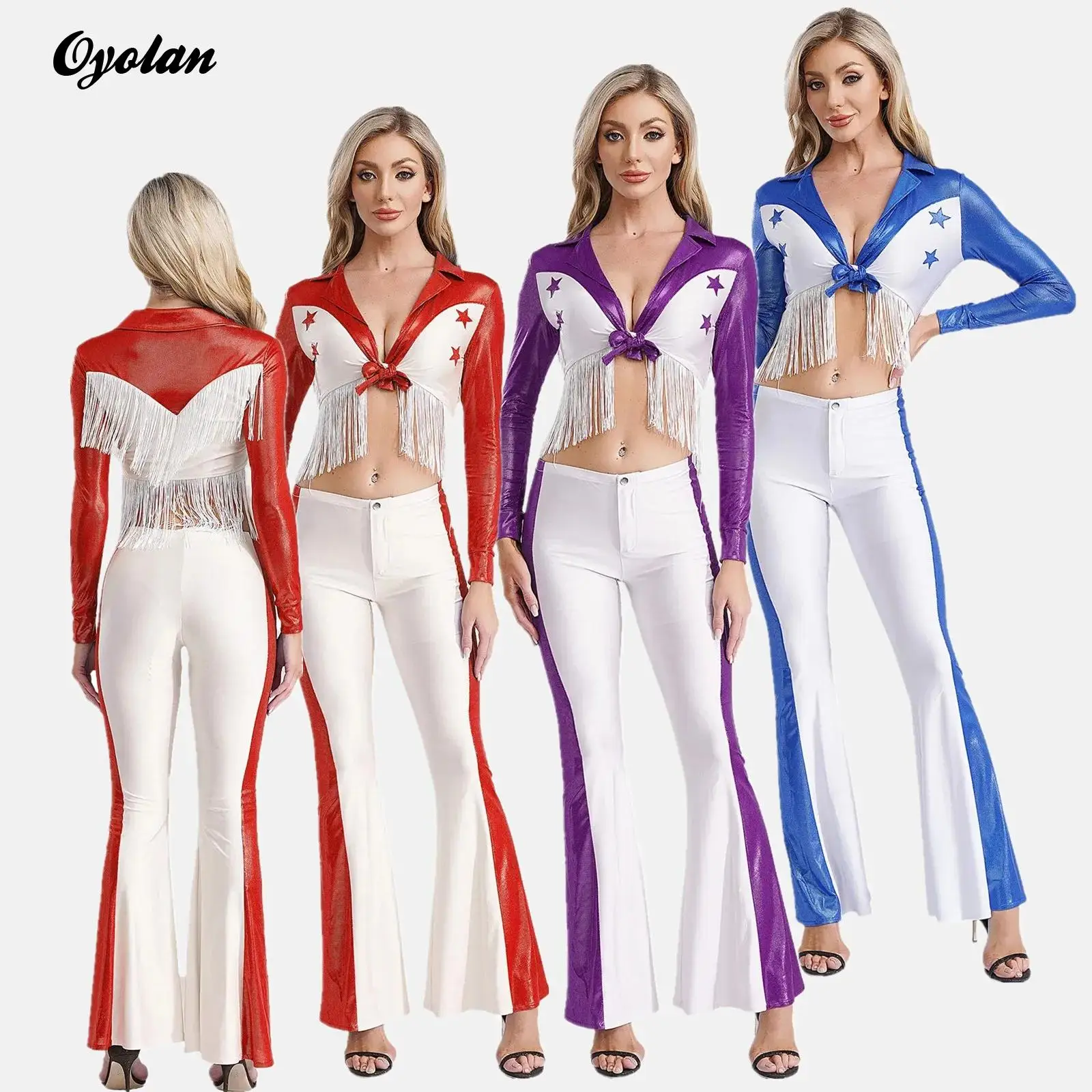 

Womens Western Cowboy Cowgirl Carnival Halloween Cosplay Costume Lapel Collar Tassels Tied Up Crop Top with Flared Hem Pants Set