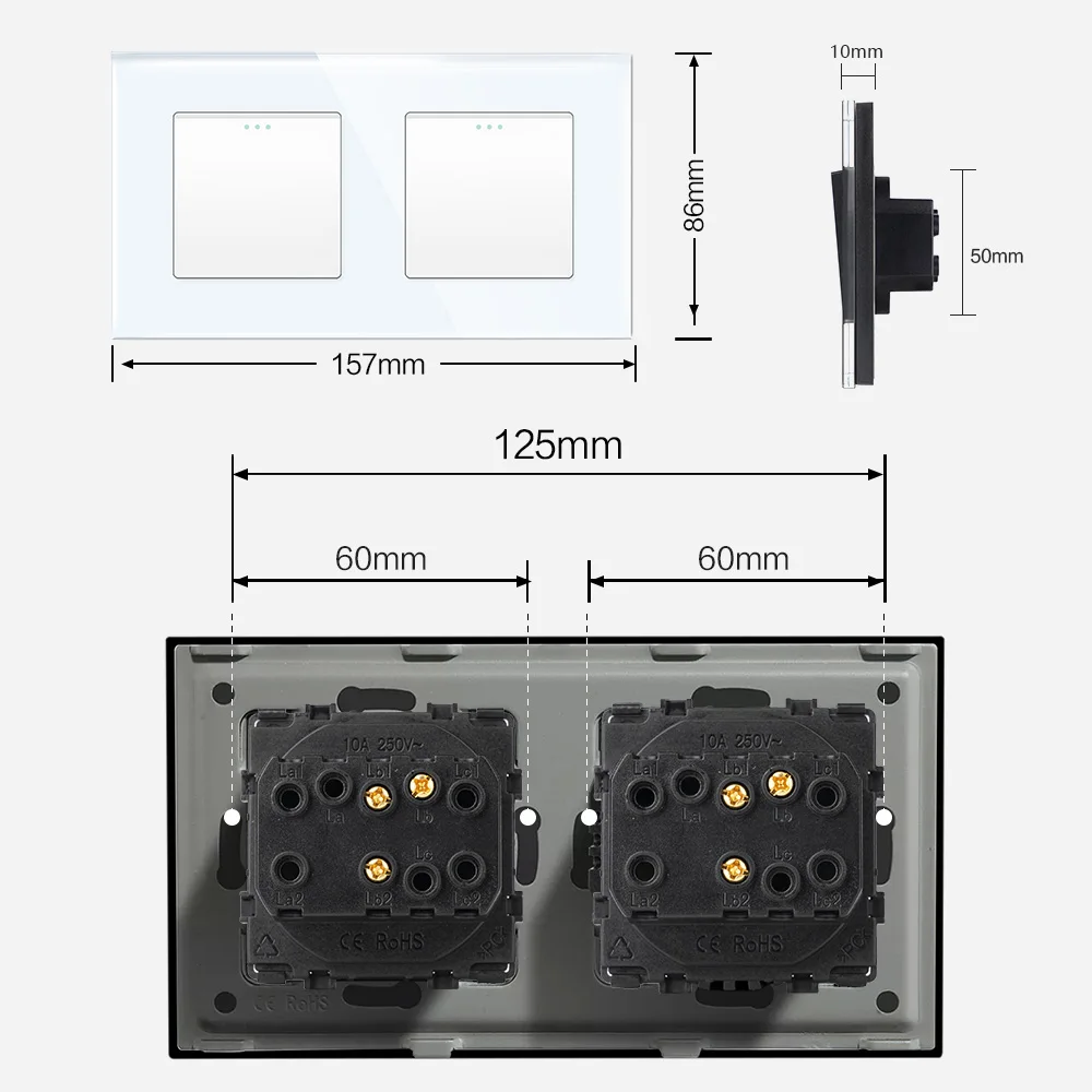 Tawoia Eenvoudige Stijl Kristallen Glazen Paneel Dubbele 1 2 3 4 Gang 1 / 2 Weg Wandlamp Drukknop lichtschakelaar 10A Drukknop