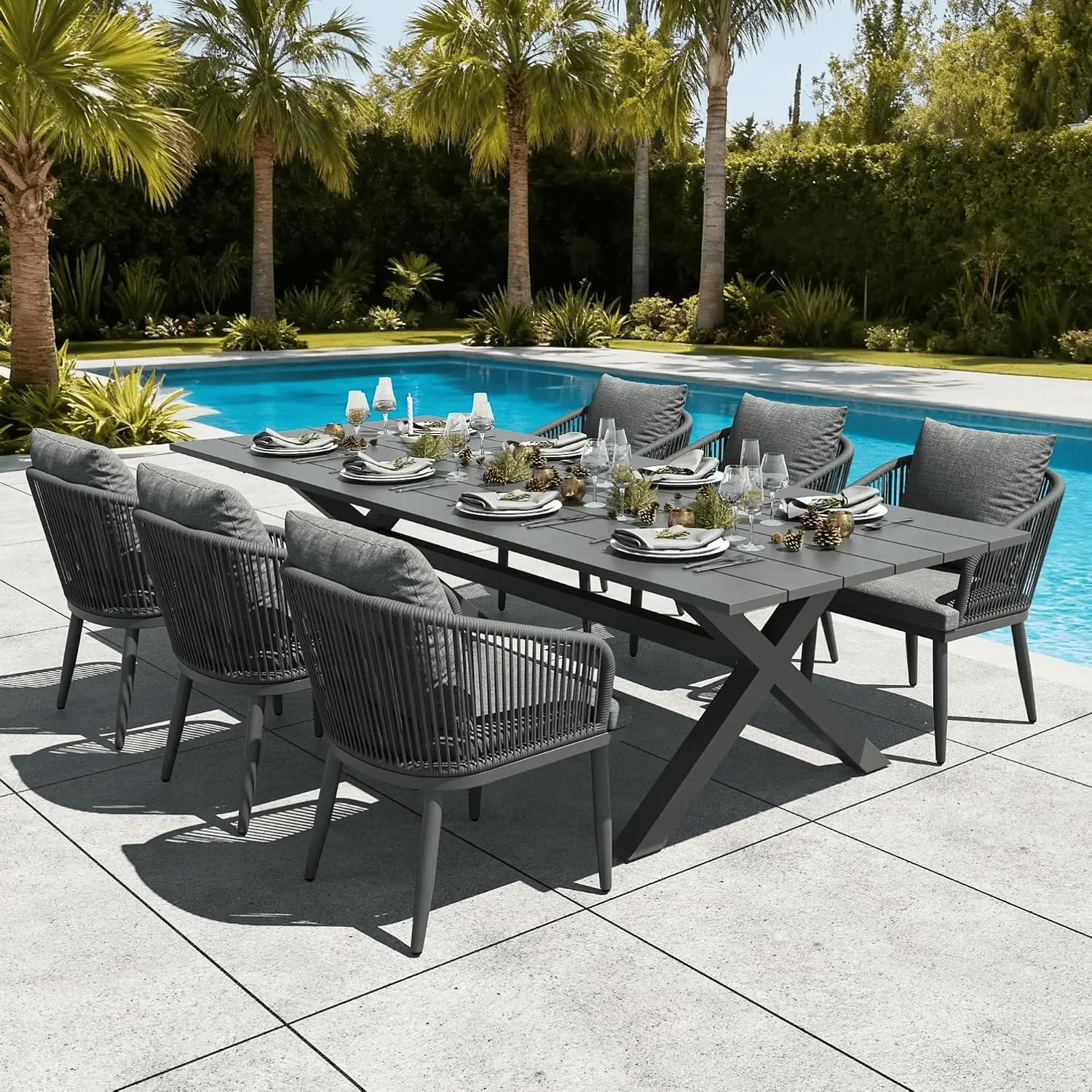7-Piece Outdoor Patio Dining Set Aluminium Rectangular Table & Wicker Rattan Chairs For Backyard Poolside, Customized