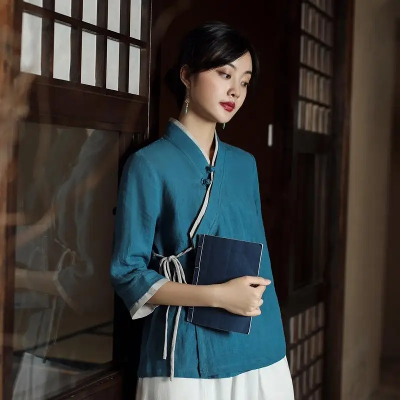 

Women's Chinese Style Linen Blouse Diagonal Placket Wrap Tie 3/4 Sleeve Loose Fit Casual Summer Top