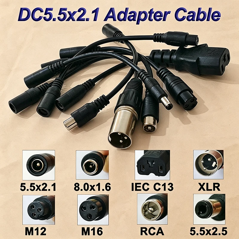 1PC DC5.5x2.1 To M12 M16 3Pin XLR RCA IEC 8016 5525 Connector Cable Adapter for Scooter Electric Bike Charger Accessories Plug