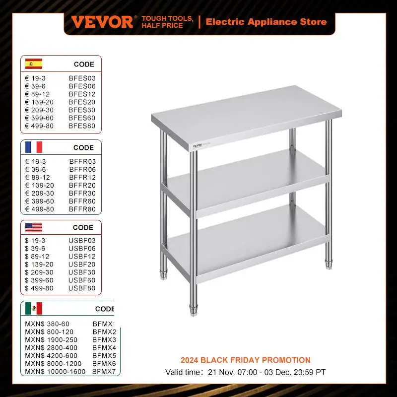 VEVOR Stainless Steel Food Prep Table Commercial Kitchen Worktable with 2 Adjustable Undershelf for BBQ Kitchen Home and Garage