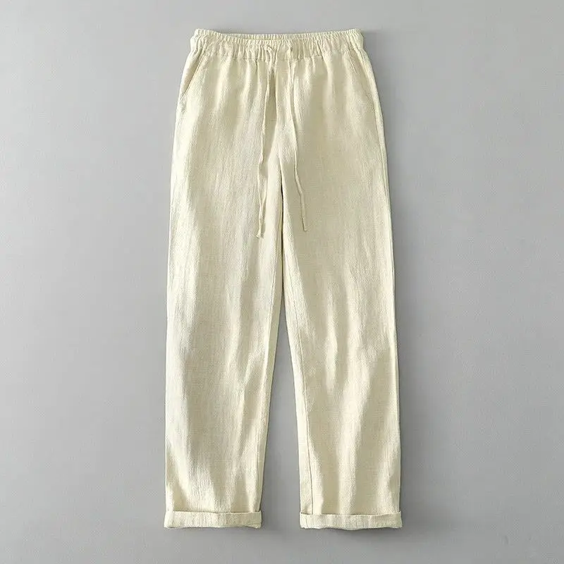 Calça japonesa retrô de linho de cor sólida masculina verão respirável solta calça casual esportiva