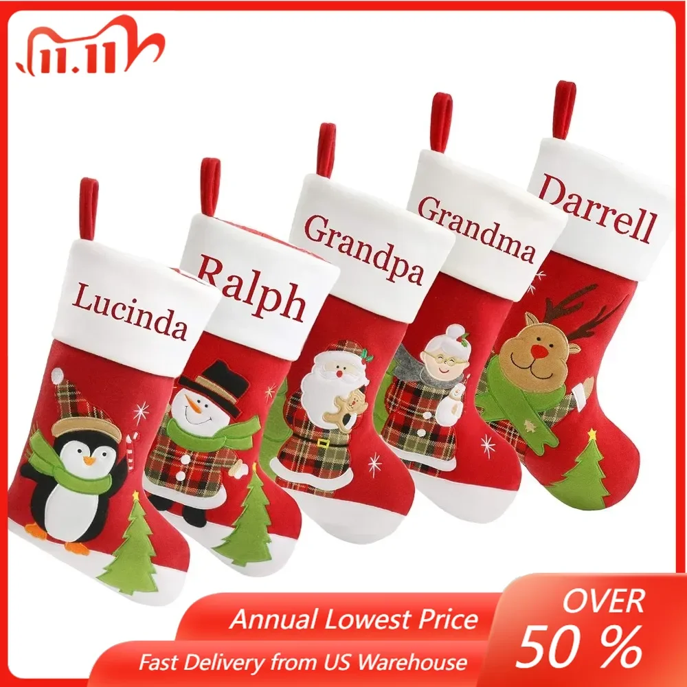 Set of 5, 18” Christmas Stockings Embroidery Technology, Christmas Home Decorations Gifts for Family.