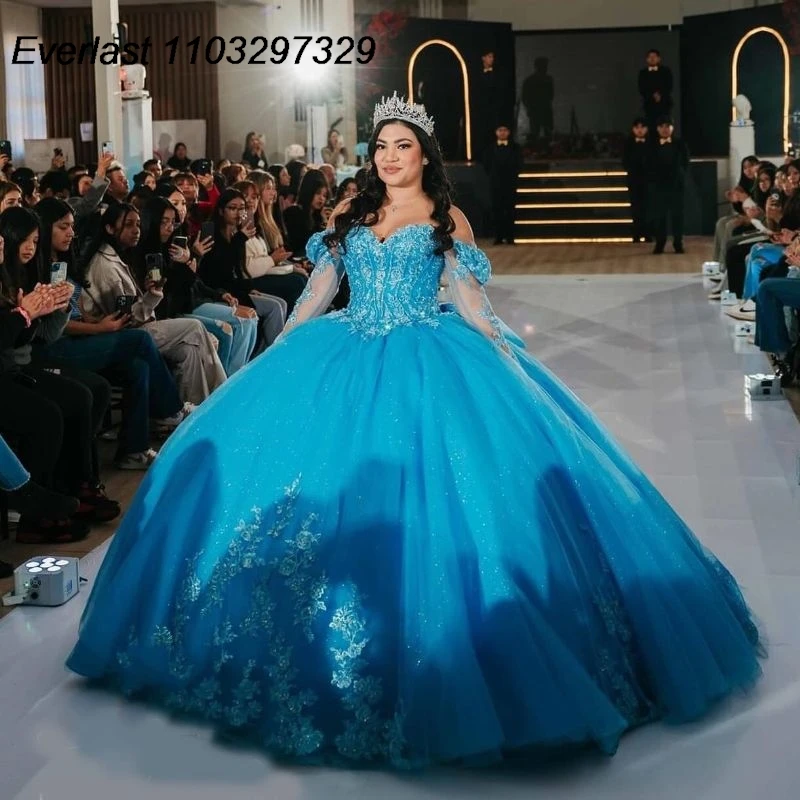 EVLAST Blue sukienka na Quinceanera 2024 suknia balowa błyszczący koronkowa aplikacja z perełkami długi rękaw gorset słodki 16 Vestido De 15 Anos TQD625