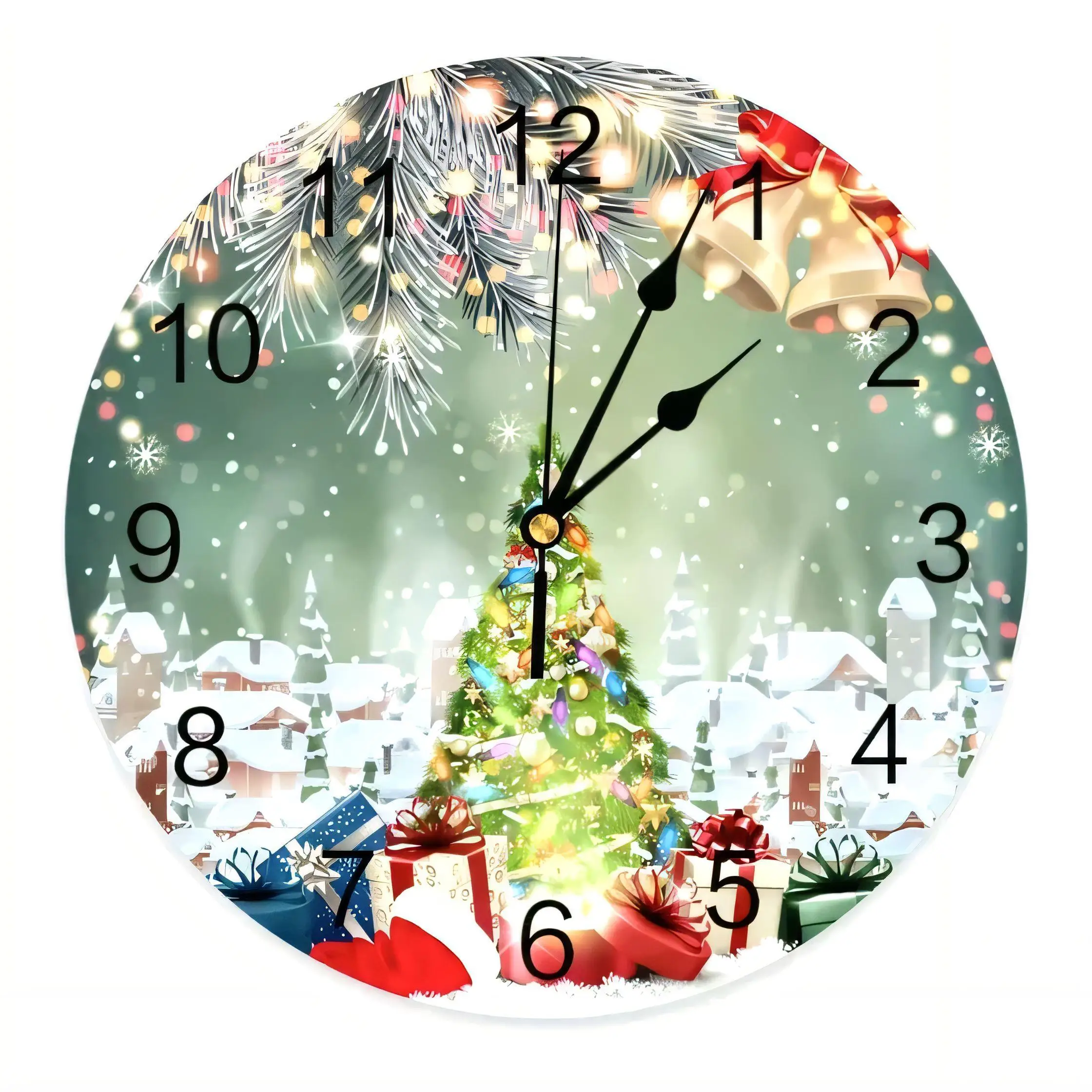 Christmas Wall Clock  128 Bytes Round Winter Village Scene Silent Non Ticking Battery Operated Home Decor Gift
