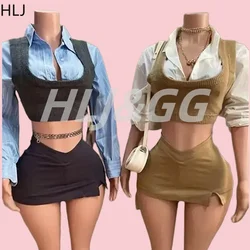 HLJ Autumn Knitted Vest Shirts Two Piece Sets Women Lapel Button Long Sleeve Top And Mini Skirts Outfits Fashion Retro 2pcs Suit