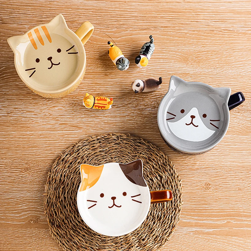 Japanese Cartoon Cat Coffee Mug With Cat Pattern Lid Small Dish Cute Breakfast Cup Creative Coffee Cup Milk Cup Gift For Girl