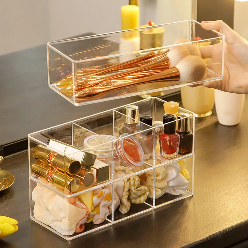 Clear Acrylic Makeup Layered Storage Box Dressing Table Cosmetic Lipstick Finishing Grid Box Desktop Drawer Storage Compartment